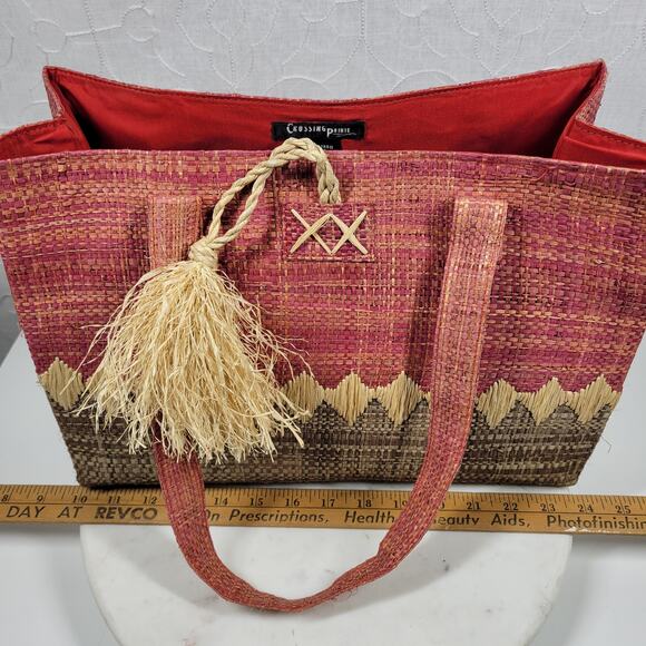 Crossing Pointe Raffia Beach Bag 14" Pink Brown Colorblock Tan Straw Diamond - Picture 8 of 16